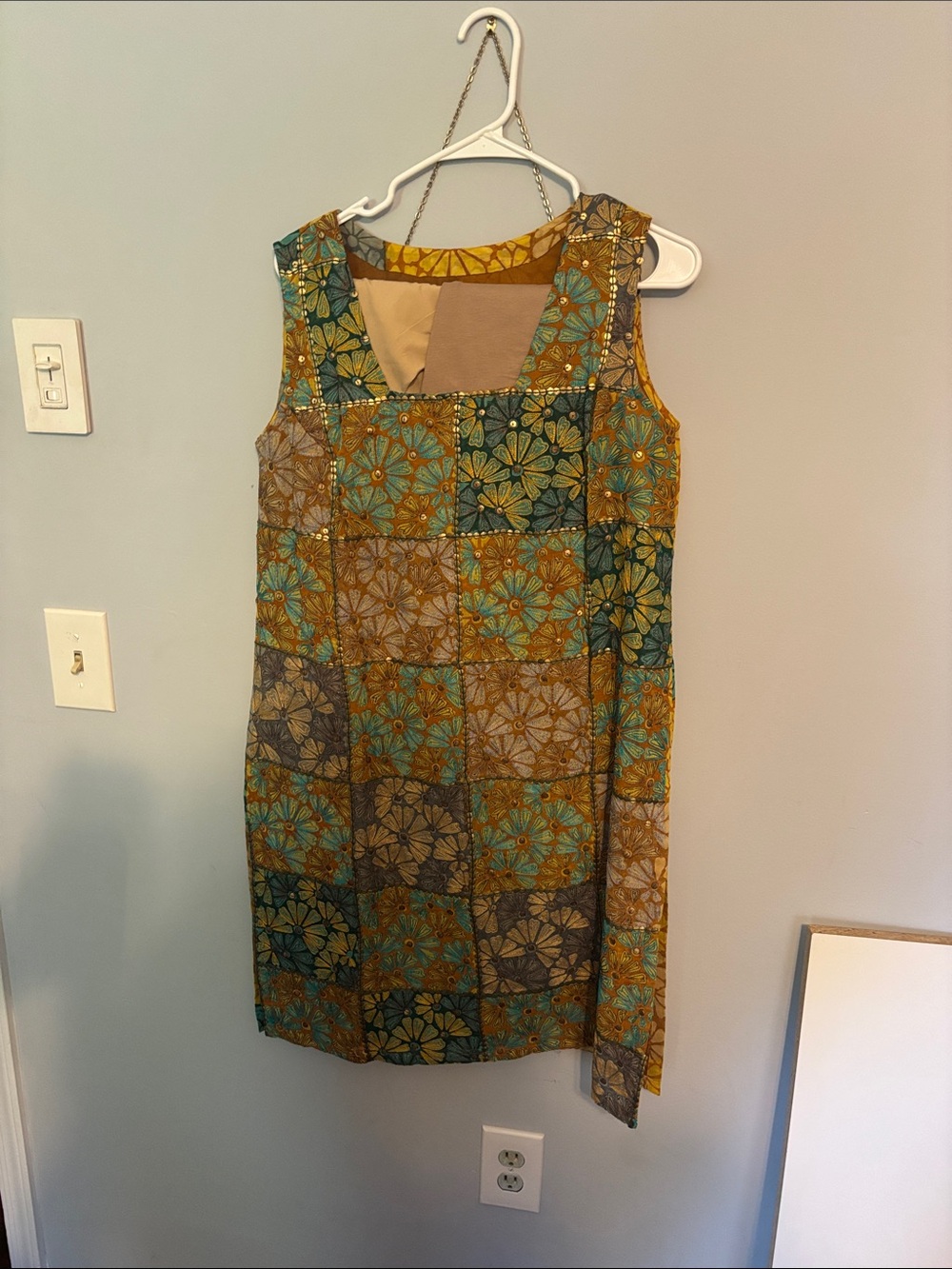 Sleeveless Patchwork Floral Shift Dress in Teal and Mustard